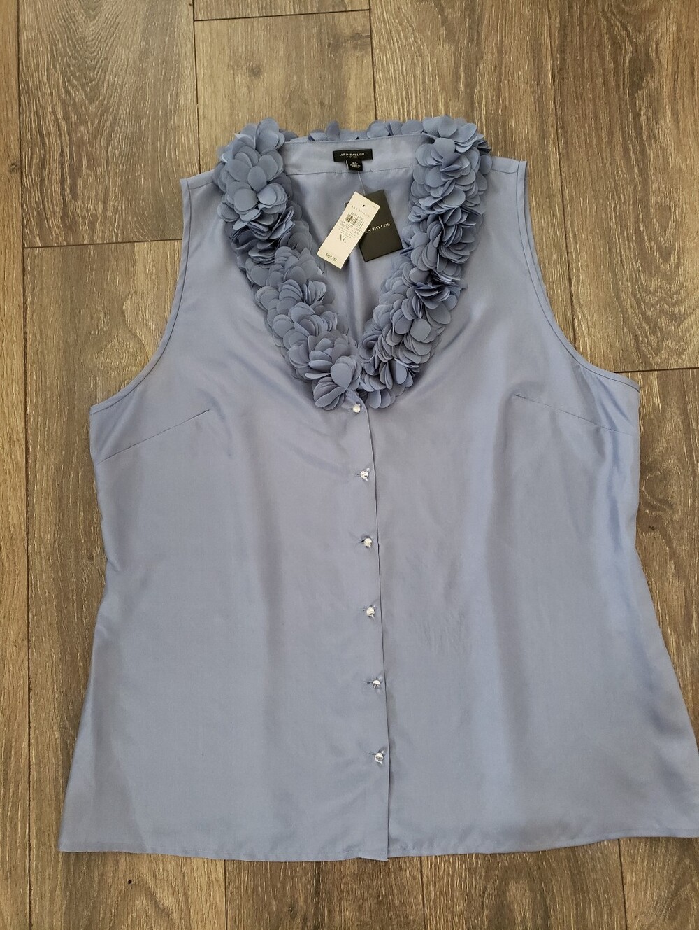 Ann Taylor 100% Silk Ruffled Petal Neck Sleeveless Blouse Cadet Slate Blue XL
